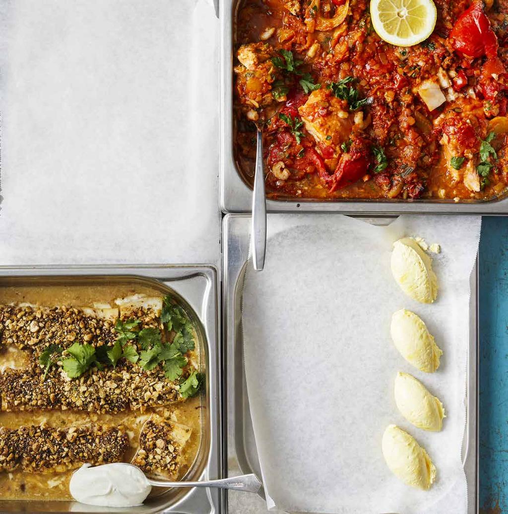 Pähkinäinen kalavuoka (Dukkah) 20 annosta 3,000 kg Food Service annoskalapaloja 0,070 kg manteleita 0,050 kg pistaasipähkinöitä 0,030 kg seesaminsiemeniä 0,070 kg hasselpähkinöitä 0,050 kg