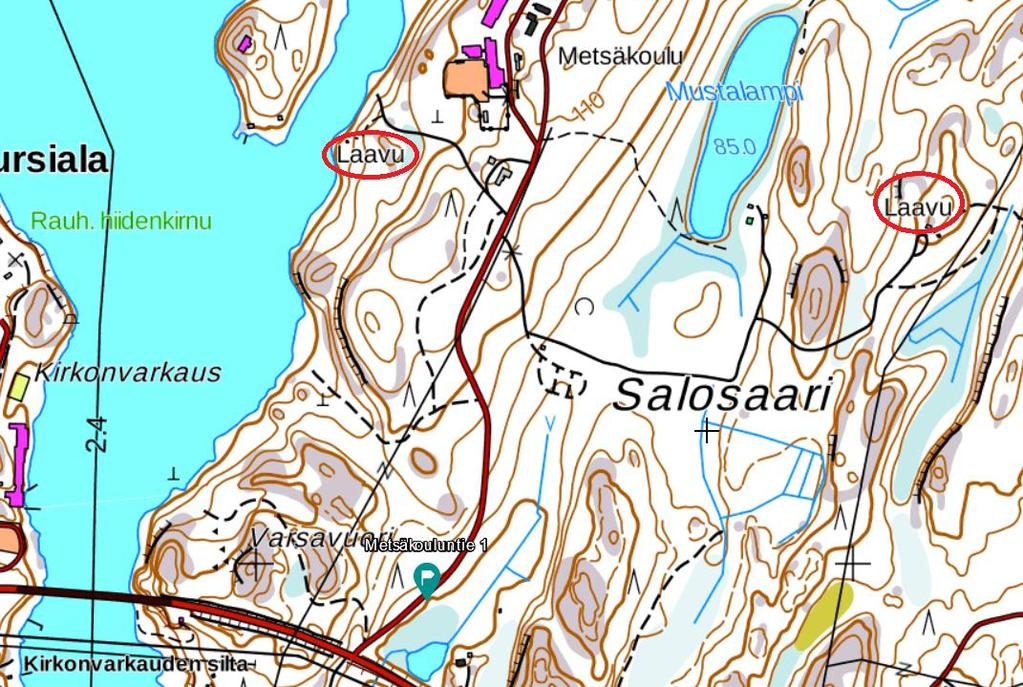 Sahalta lähtevä tie laavulle vaatii autolta maavaraa. Polttopuut: puuliiteri. Puutilanteesta voi kysyä etukäteen metsäkoulun opintosihteeriltä p. 044 7115603.