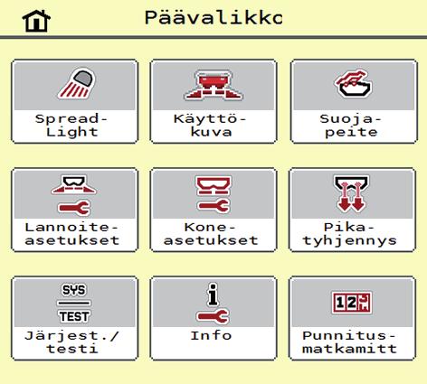 Käyttö, AXIS ISOBUS 4 4.3 Päävalikko Kuva 4.1: Päävalikko AXIS ISOBUS Päävalikko sisältää mahdolliset alavalikot.
