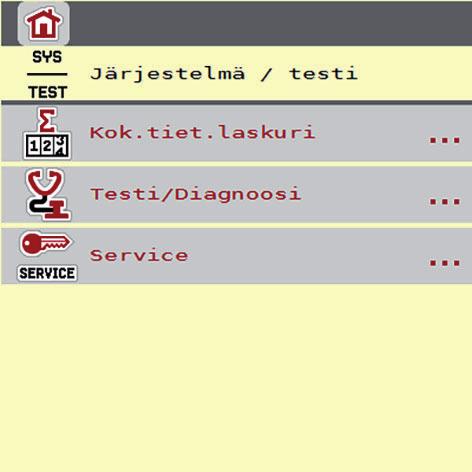 4 Käyttö, AXIS ISOBUS 4.8 Järjestelmä/testi Tässä valikossa määritetään koneenohjaimen järjestelmä- ja testiasetukset. Avaa valikko Päävalikko > Järjestelmä/testi. Kuva 4.