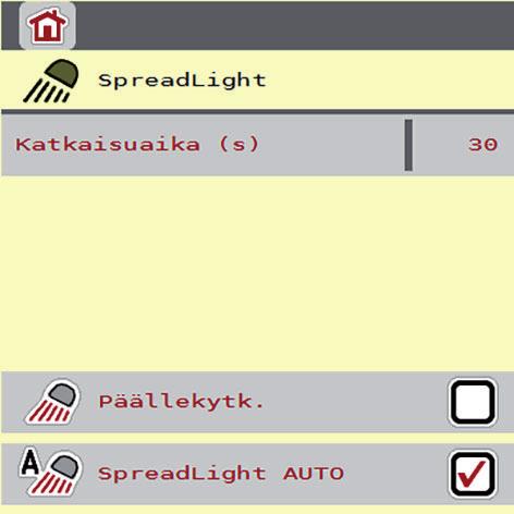 Käyttö, AXIS ISOBUS 4 4.11 Työvalonheitin (SpreadLight) Tässä valikossa voidaan ottaa käyttöön SpreadLight-toiminto ja valvoa levityskuvaa myös yötyössä.