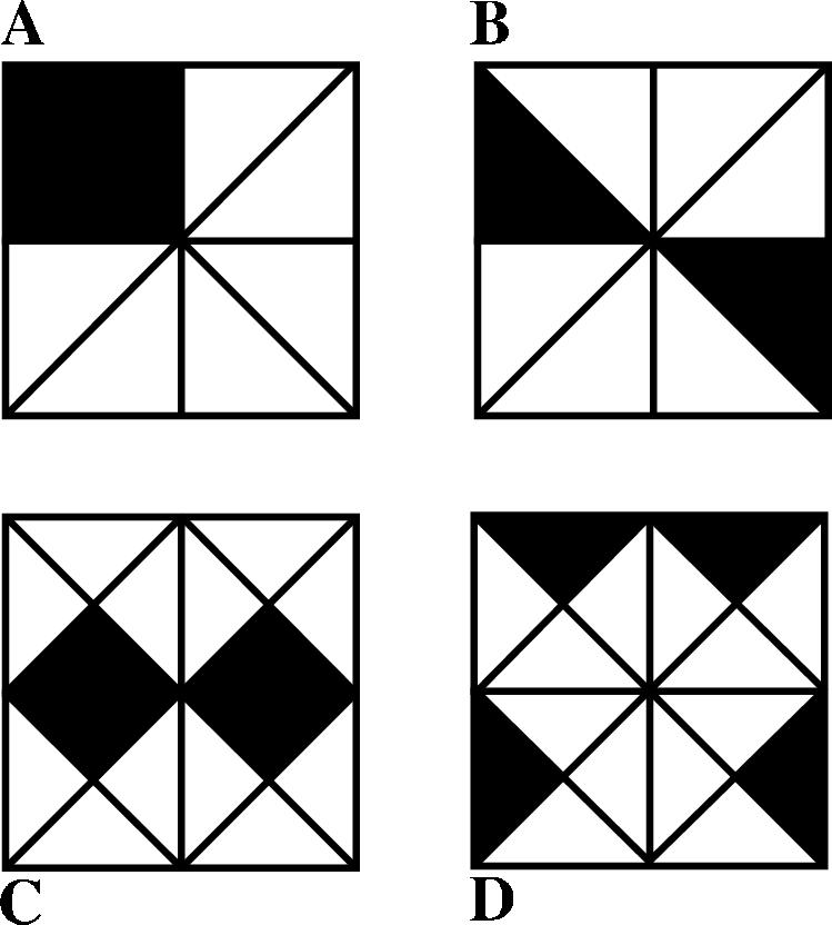sivu 6 / 15 10. Missä seuraavista kuvioista mustan alueen pinta-ala on suurin? (A) A (B) B (C) C (D) D (E) Alat ovat yhtä suuria.