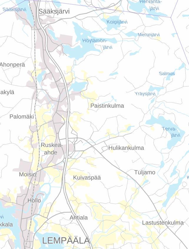 Kaava-alueen likimääräinen sijainti on osoitettu punaisella rajauksella, taustakartta Maanmittauslaitos 2018.