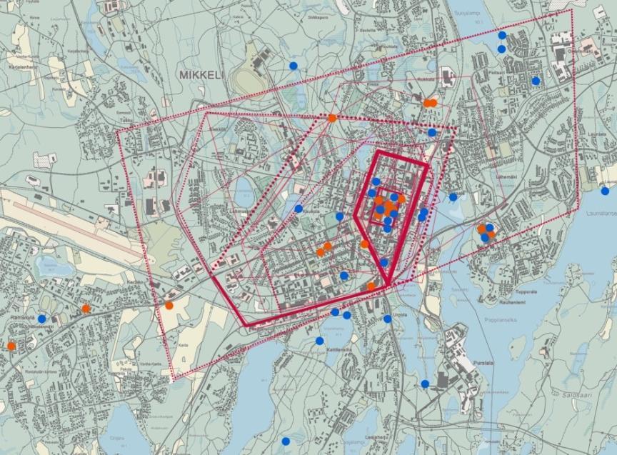 Kartalla on esitetty sekä vastaajien osoittamat keskustan rajat että heidän käyttämänsä palvelut ja vapaa-ajanviettopaikat.