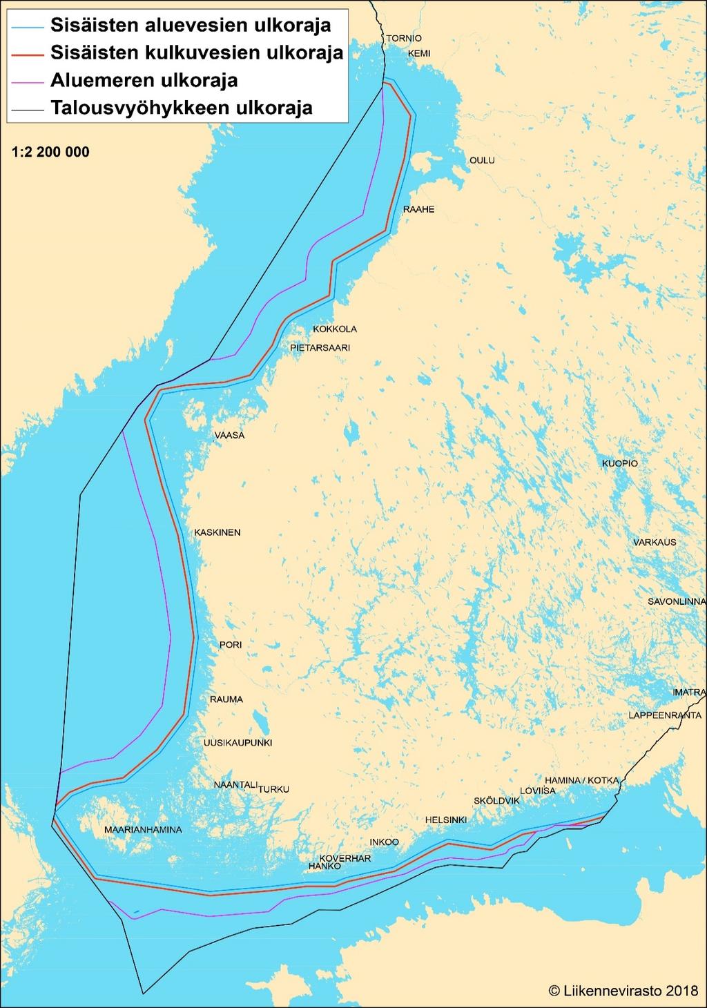 on selventävä kuva, jossa sisimpänä oleva sininen raja kuvaa sisäisten aluevesien ulkorajaa ja sen vieressä oleva punainen raja sisäisten