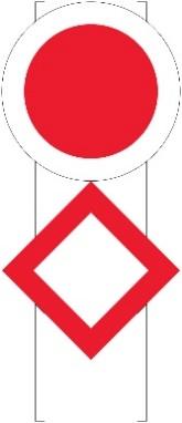 väylän kohdalla. Alempi suuntamerkki on ympyrän muotoinen, valkoisen reunuksen ympäröimä punainen merkki. Valkoisen reunuksen leveys on 1/8 merkin halkaisijasta.