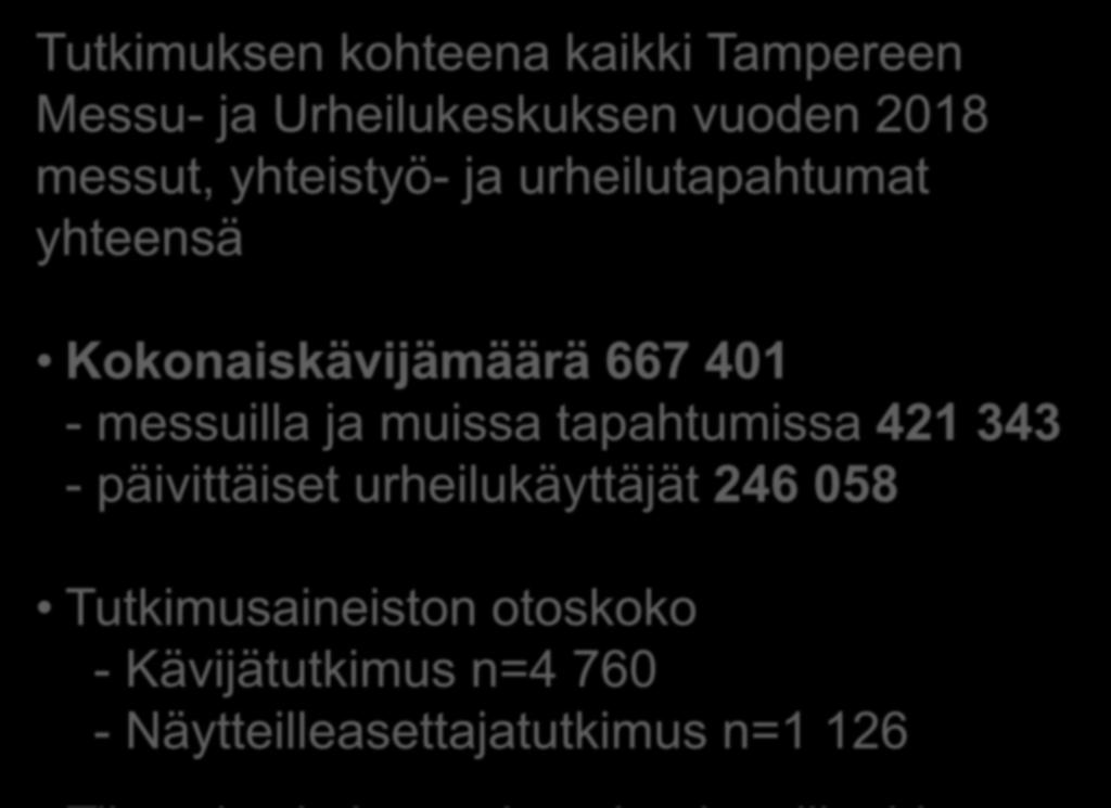 Kaikki Tampereen Messu- ja Urheilukeskuksen tapahtumat (ja niiden vaikutus) 2018 - Tutkimusaineisto Tutkimuksen kohteena kaikki Tampereen Messu- ja Urheilukeskuksen vuoden 2018 messut, yhteistyö- ja