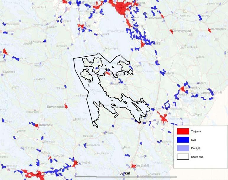 Kuva 9. Suunnittelualueen sijainti muuhun yhdyskuntarakenteeseen, aluerajauksessa on mukana myös Rääkkylän alue YKR/SYKE 2.