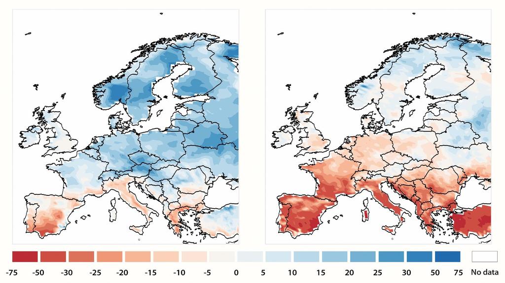Muutos kausittaisissa sademäärissä, %, vuosille 2071-2100, verrattuna vuosiin 1961-1990 (2 C globaalin kasvun skenaariossa) Talvi Kesä