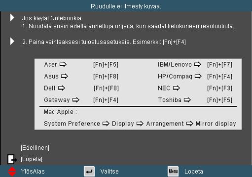 Käyttäjän ohjaimet Ohje-valikon painike toimii vain silloin, kun tulolähdettä ei tunnisteta.