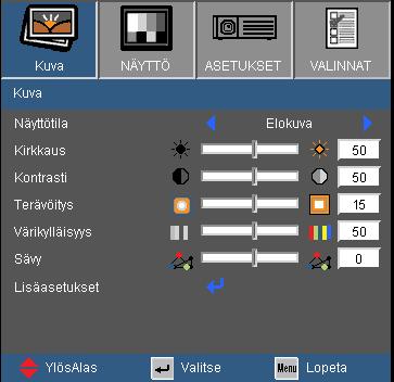 Käyttäjän ohjaimet KUVA Näyttötila Erilaisille kuvatyypeille on valmiiksi asetettuja optimoituja asetuksia. Esitys: Hyvä väri ja kirkkaus PC-tulosta. Kirkas: Maksimikirkkaus PC-tulosta.