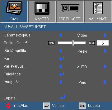 Käyttäjän ohjaimet KUVA Lisäasetukset Gammakorjaus Tämän avulla voit valita gammakorjauksen, joka on hienosäädetty parhaan kuvanlaadun saavuttamiseksi. Elokuva: kotiteatteria varten.
