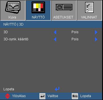 Käyttäjän ohjaimet NÄYTTÖ 3D 3D-synk. kääntö käytettävissä ainoastaan jos 3D on käytössä. Yhteensopiva 3D-lähde, 3Dsisältö ja aktiiviset sulkijalasit vaaditaan 3Dkatseluun.