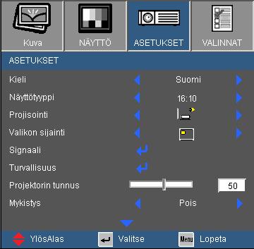 Vahvista valinta painamalla Enter. Molemmat takaprojektiot ovat tarkoitettu käytettäväksi läpinäkyvän ruudun kanssa.