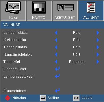 Käyttäjän ohjaimet VALINNAT Lähteen lukitus Pölysuodattimen asennuksessa tulee korkeanpaikantila kytkeä päälle. Pölysuodatin on vaihtoehtoinen ja sitä ei vaadita kaikilla alueilla.