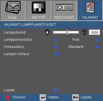 Käyttäjän ohjaimet VALINNAT LAMPPUASETUKSET Lampputunnit Näyttää heijastusajan.