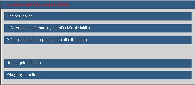 Liitteet Näyttöviestit Lämpötilavaroitus: Tuuletinvika: Lampun varoitus: Näyttöalueen ulkopuolella: Jos