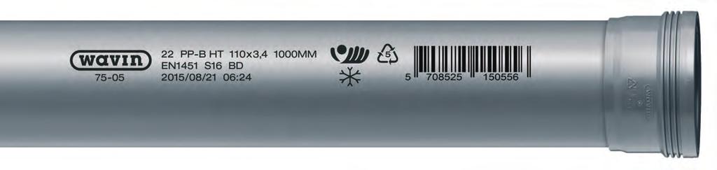 Wavin Wafix HT/PP -putkien ja -osien merkinnät 75-05 PP-B HT 110x3,4 1000MM Wavin-logo Tehdastunnus Materiaali: Putken halkaisija Pituus Nordic Poly Mark Kierrätysmerkki Polypropeeni x seinämävahvuus