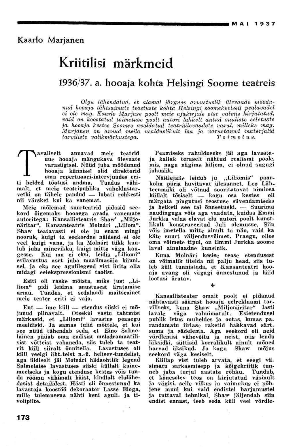 MAI 1937 Kaarlo Marjanen Kriitilisi märkmeid 1936/37. a.