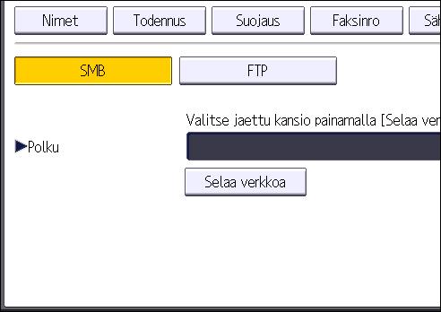 Kun [Älä määritä] on valittuna, Tiedostonsiirto-valikon "Oletuskäyttäjänimi ja -salasana (lähetys)" - asetuksessa määritetty SMB-käyttäjänimi ja SMB-salasana ovat voimassa. 11.