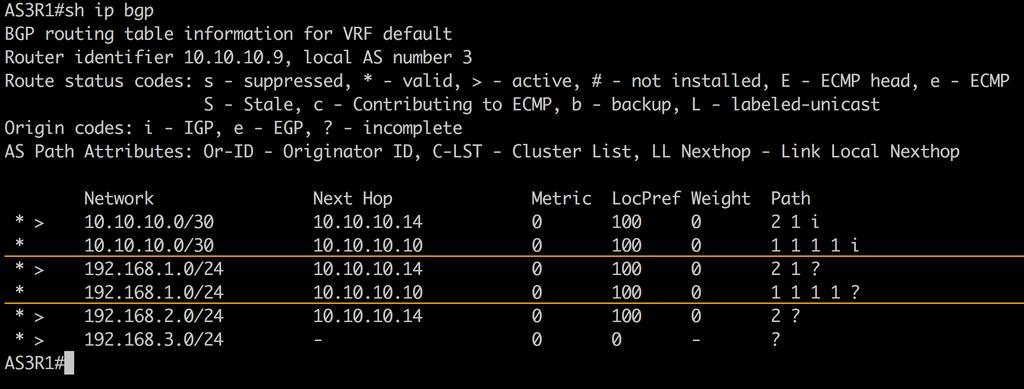 AS3R1(config-router-bgp)#traceroute 192.168.1.5 traceroute to 192.168.1.5 (192.168.1.5), 30 hops max, 60 byte packets 1 10.10.10.10 (10.10.10.10) 80.412 ms 86.066 ms 97.353 ms 2 10.10.10.1 (10.10.10.1) 180.