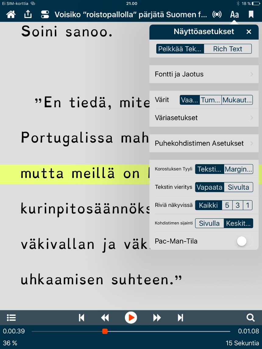 Tekstinäkymään löytyy monipuoliset