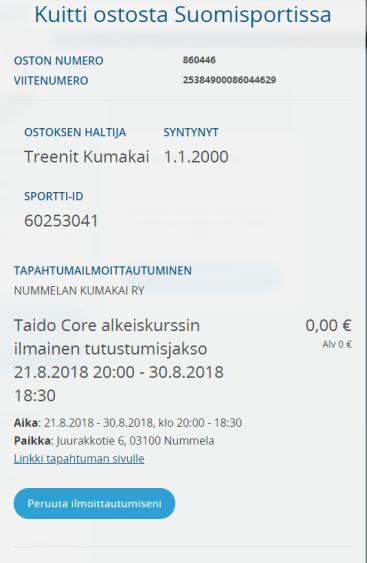 Kuitissa on Peruuta ilmoittautumiseni nappi Paina nappia, ohjelma vielä