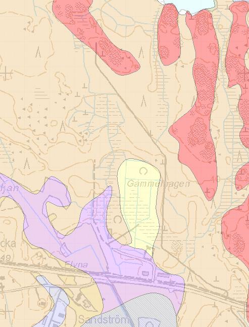 1-10 Kuva 5. Maaperäkartta. Punaisella värillä kallio, ruskealla sävyllä hiekkamoreeni, keltaisella karkea hieta, sinipunaisella hieno hieta. Geologinen tutkimuskeskus 2017, Maanmittauslaitos.