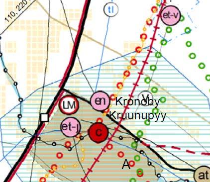 1-9 5.3 Rakennettu ympäristö Alueella ei ole asutusta tai rakennuksia. Alueen eteläpuolella on teollisuusrakennuksia. Lähempänä Kruunupyyn keskustaa on myös pientaloasutusta.