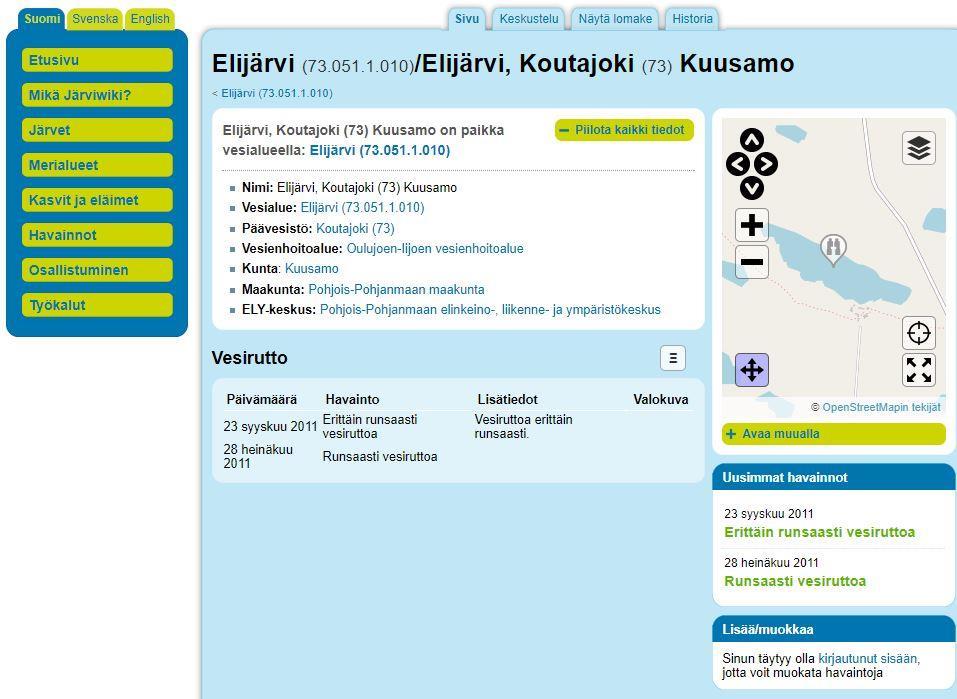 Kuva 5 Järviwikin ja SYKE:n vedenlaatukartan tiedot Elijärvestä. Elijärven tila on välttävä.