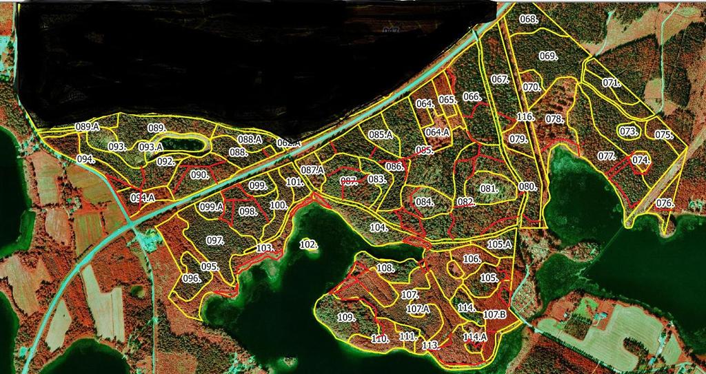 Kuvio 64: Ei käyty. Kuvio 64.A: Ei käyty. Kuvio 65: Ei käyty. Kuva 2. Mäntänvuoren Natura 2000 -alueen eteläosan kuviot ilmakuvapohjalla.