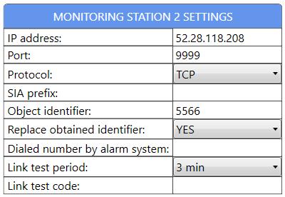 5 Monitoring Station Settings IP address Port Protocol SIA prefix Object identifier Replace obtained identifier Dialed number by alarm system IP address or domain name of the