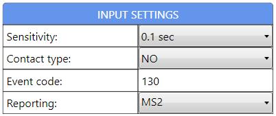 Sensitivity Contact type Event code Reporting The switching time of the INPUT 1 and INPUT 2 can be set from 0.1 sec up to 10 minutes Physical setting.