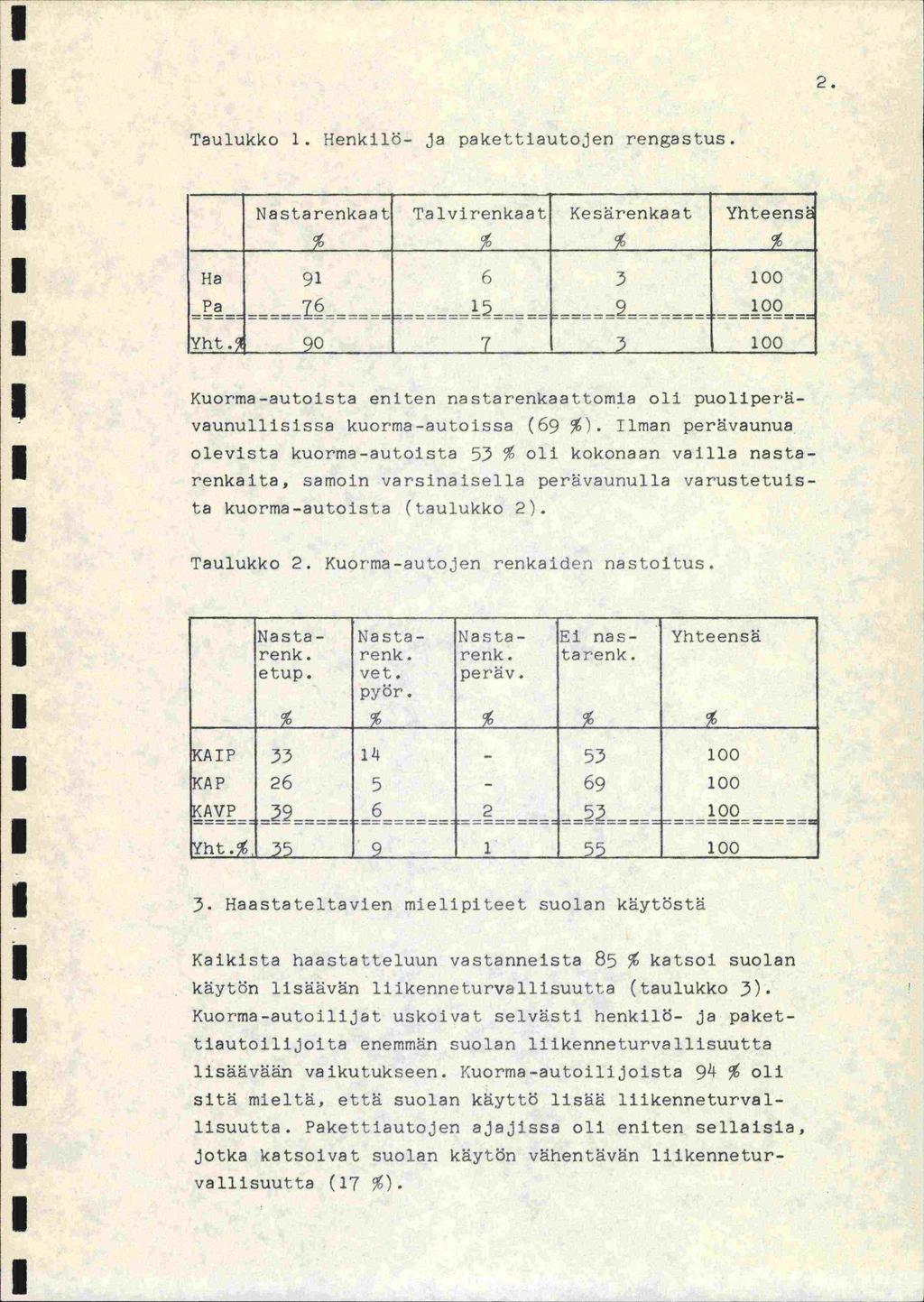 2. Taulukko. Henkilö ja pakettiautojen rengastus. Nastarenkaat Talvirenkaat Kesärenkaat Yhteens Ha 9 6 3 00 6 5 9 00 Yht.