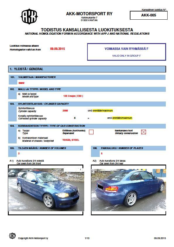 Kansallinen Luokitustodistus - FIA hyväksymättömille autoille - 2500kpl/vuosi tai kokonaisvalmistus 5000kpl - Automalli