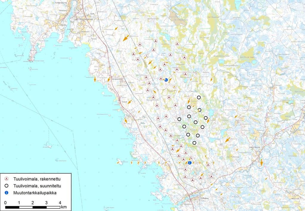 Nuolen koko kuvaa muuton havaittua voimakkuutta (nuolessa 1 59 yksilöä, Olhava n = 394 ja Myllykangas n = 961). Kuva 15.