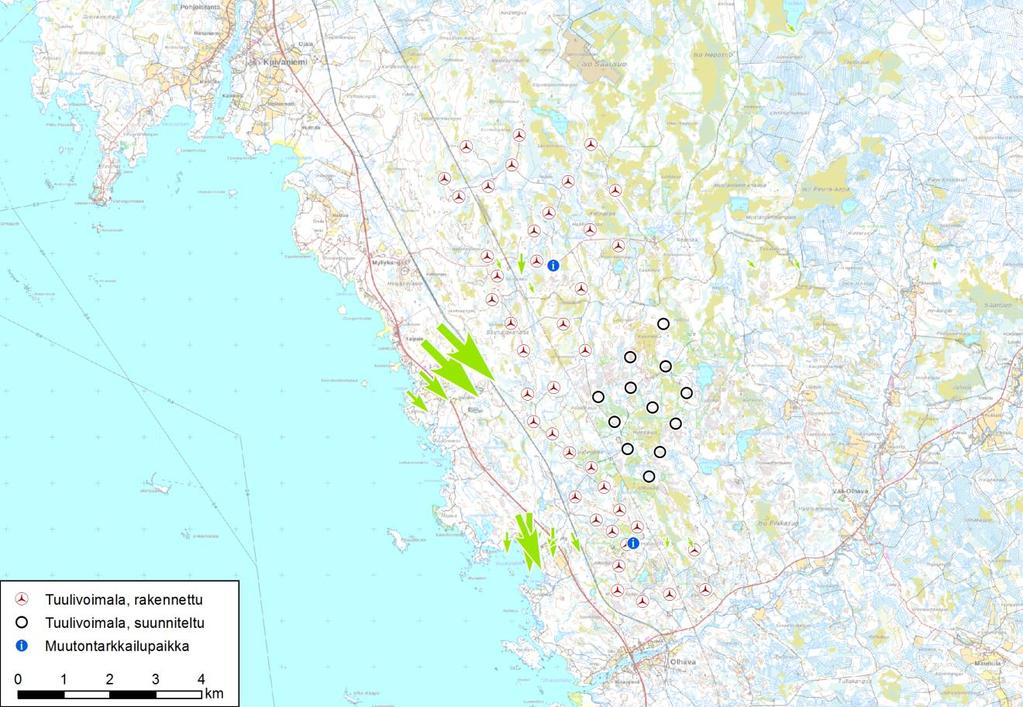 Nuolen koko kuvaa muuton havaittua voimakkuutta (nuolessa 1 355 yksilöä, Olhava n = 1583 ja Myllykangas n = 2483).