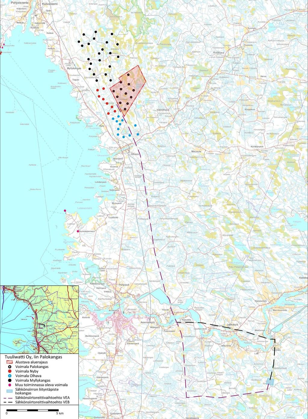 Iin Palokankaan tuulivoimapuisto FCG SUUNNITTELU JA TEKNIIKKA OY 7 (61) 20.3.2017 Hankealueen sisäinen sähkönsiirto tapahtuu keskijännitemaakaapeleilla.