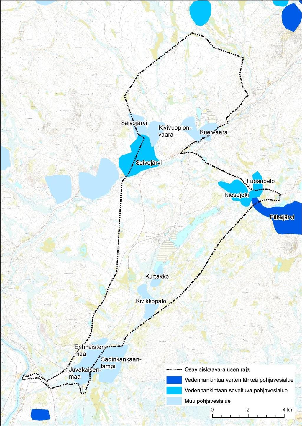 Pohjavesialueet Hannukaisen kaivosalueen osayleiskaavan alueella ja lähiympäristössä (tilanne 10/2017). Hannukaisen alue kuuluu vesihuoltoverkostoon.