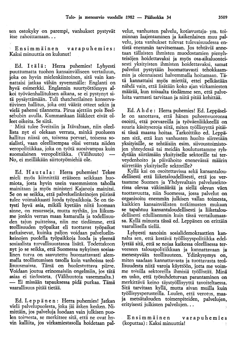 Tulo- ja menoarvio vuodelle ;1982 - Pääluokka 34 3509 ten ostokyky on parempi, vanhukset pystyvät itse rahoittamaan... Ensimmäinen varapuhemies: Kaksi minuuttia on kulunut! Ed.