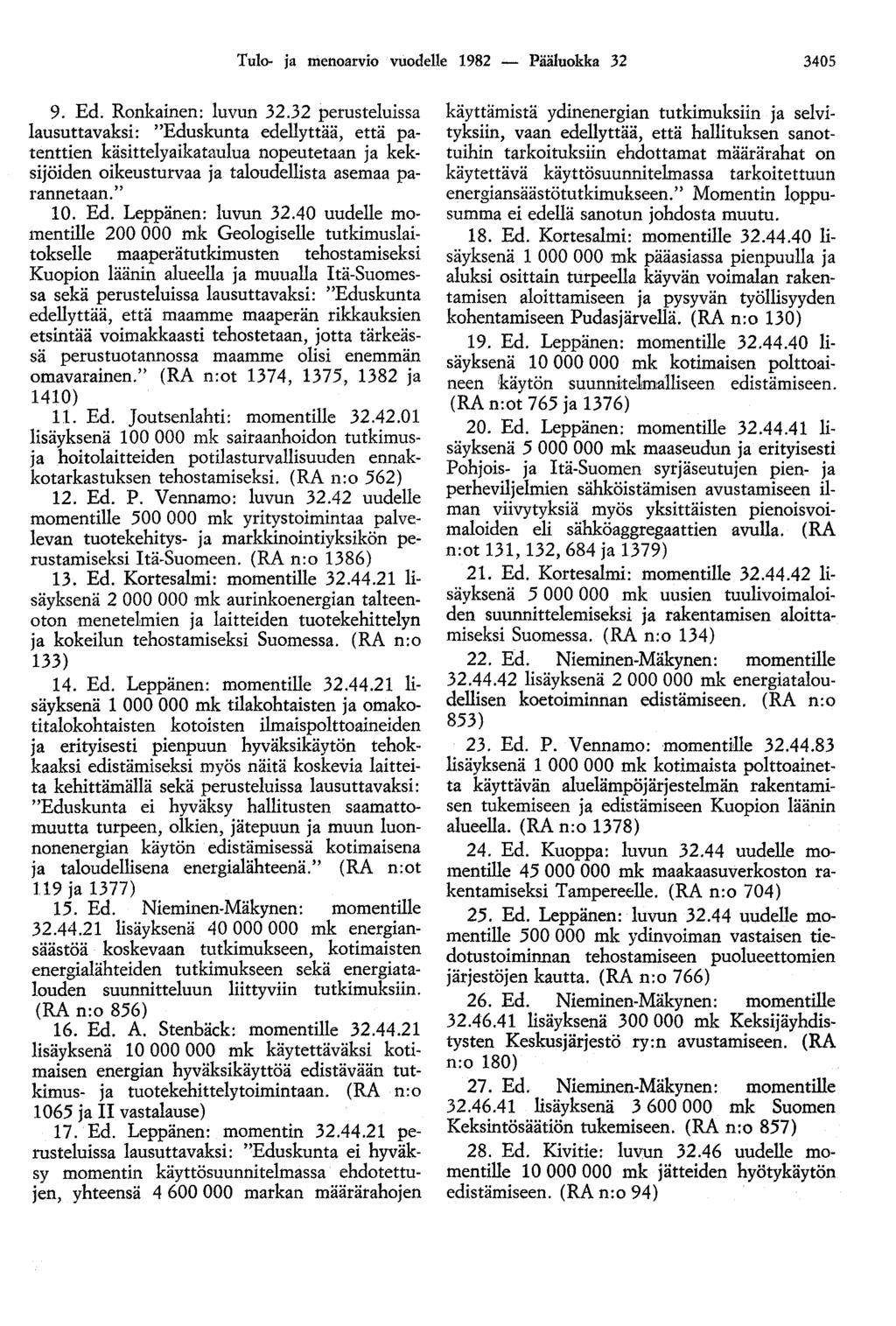 Tulo- ja menoarvio vuodelle 1982 - Pääluokka 32 3405 9. Ed. Ronkainen: luvun 32.
