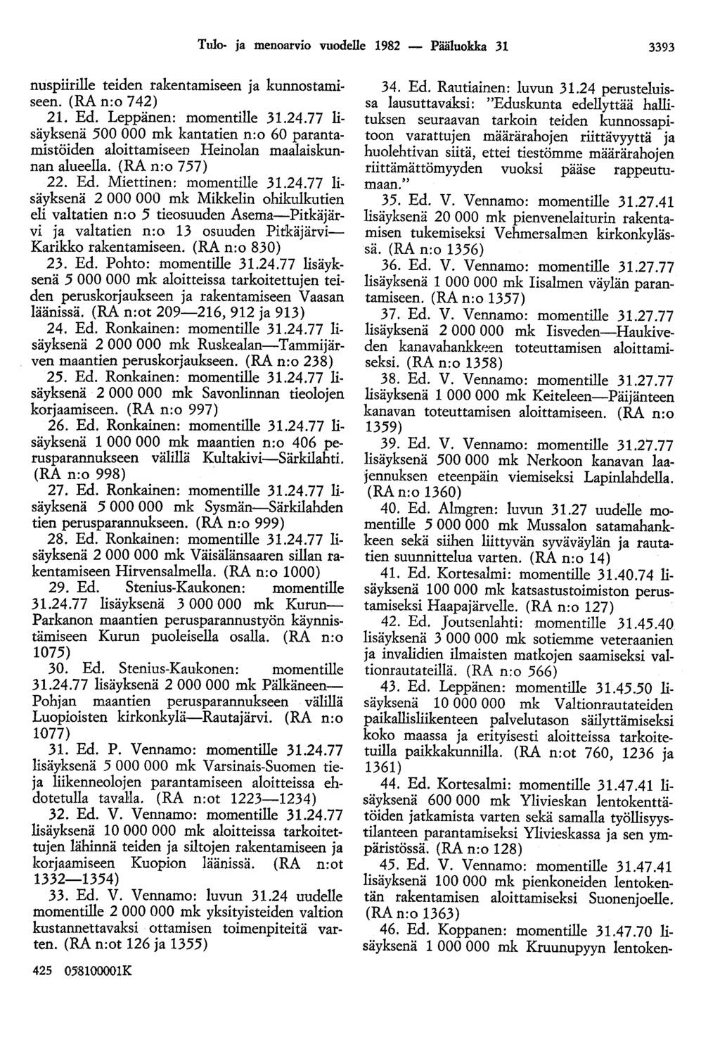 Tulo- ja menoarvio vuodelle 1982 - Pääluokka 31 3393 nuspiirille teiden rakentamiseen ja kunnostamiseen. (RA n:o 742) 21. Ed. Leppänen: momentille 31.24.