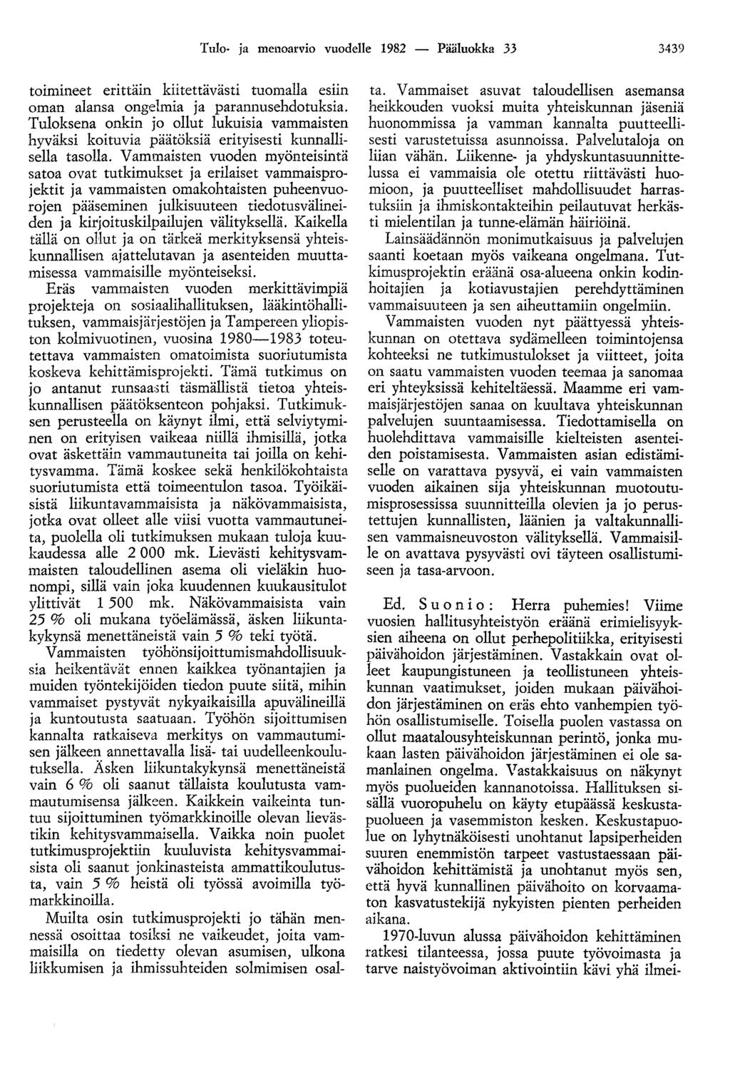 Tulo- ja menoarvio vuodelle 1982 - Pääluokka 33 3439 to1mmeet enttam kiitettävästi tuomalla esiin oman alansa ongelmia ja parannusehdotuksia.