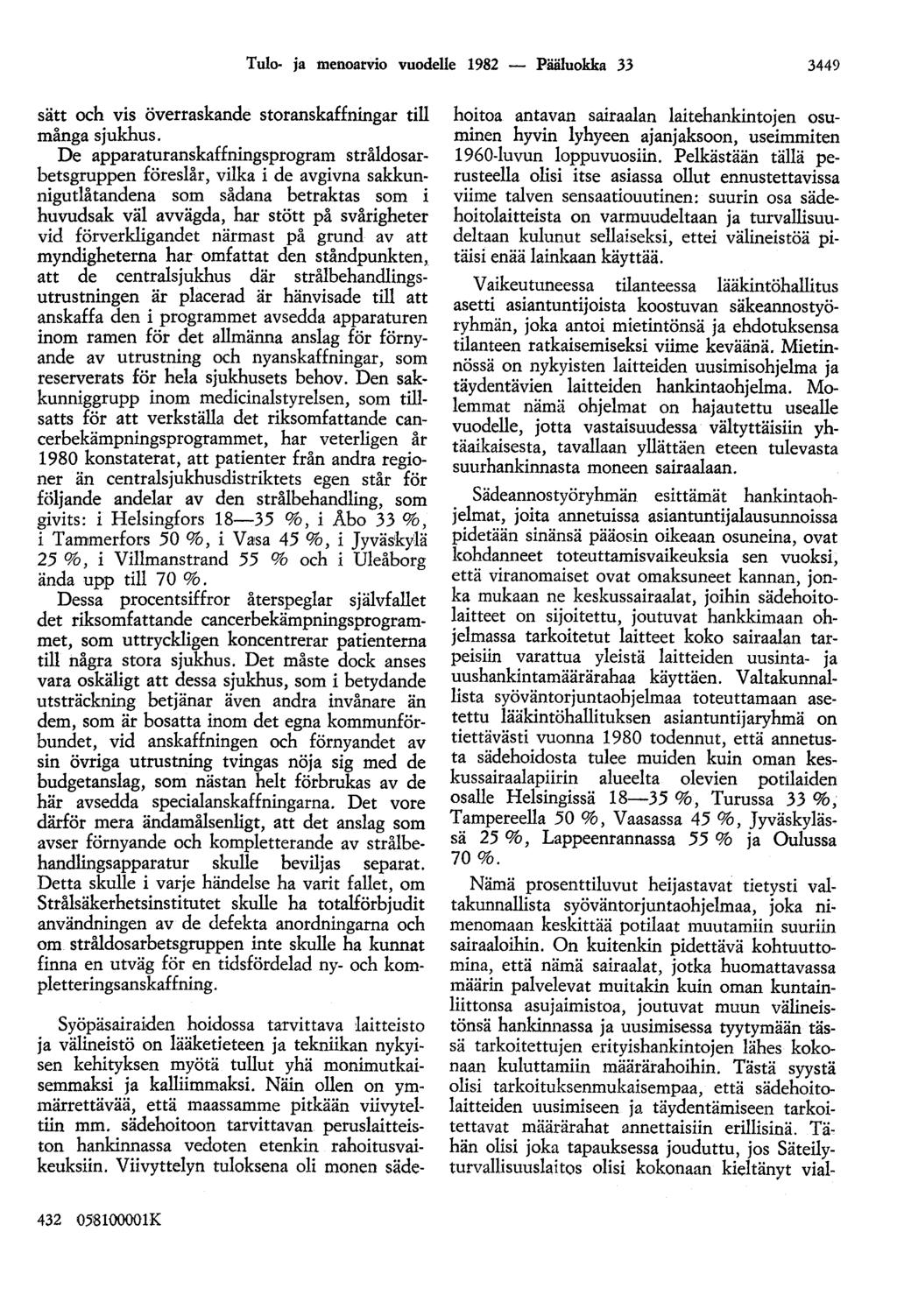 Tulo- ja menoarvio vuodelle 1982 - Pääluokka 33 3449 sätt och vis överraskande storanskaffningar till många sjukhus.