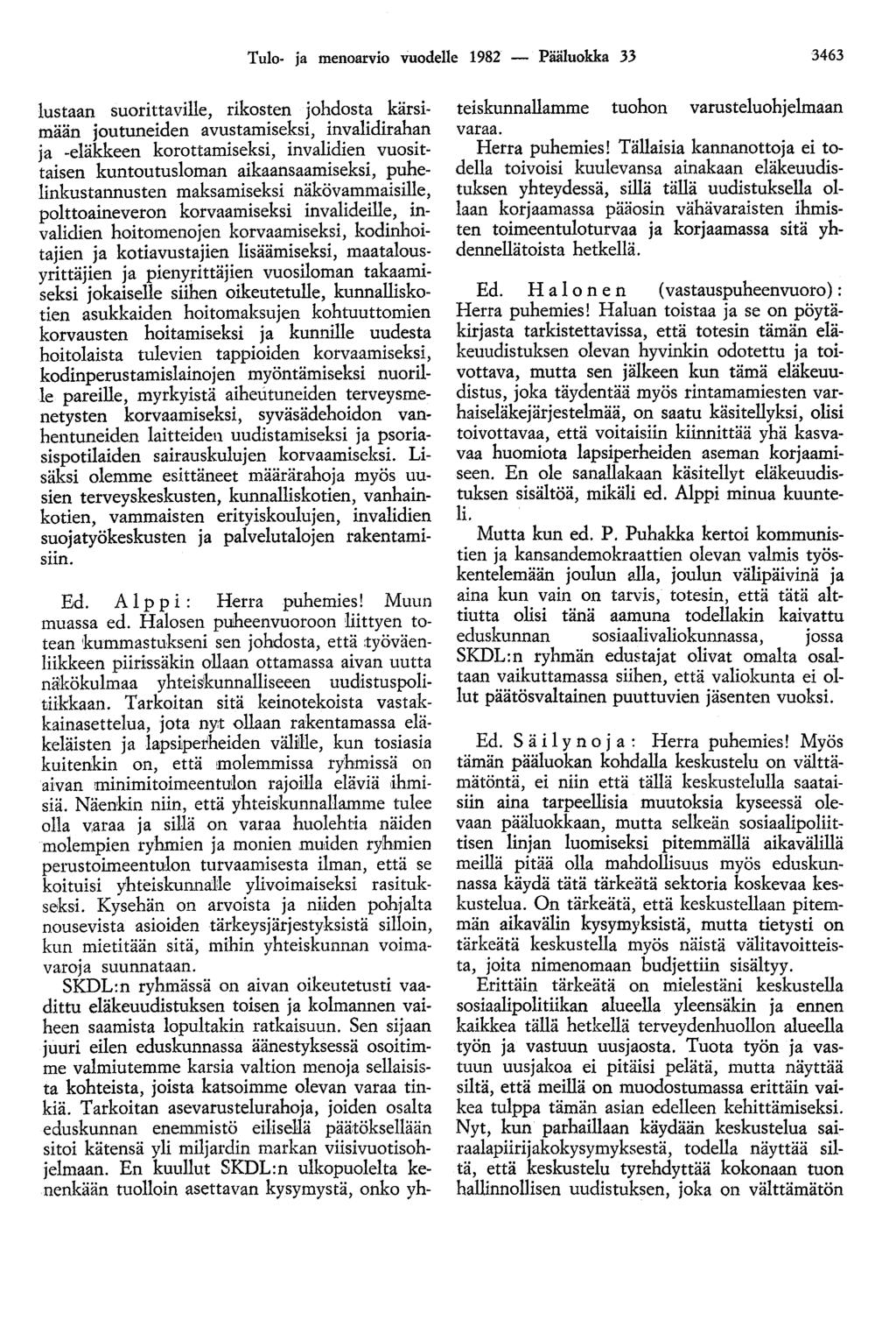 Tulo- ja menoarvio vuodelle 1982 - Pääluokka 33 3463 lustaan suorittaville, rikosten johdosta kärsimään joutuneiden avustamiseksi, invalidirahan ja -eläkkeen korottamiseksi, invalidien vuosittaisen