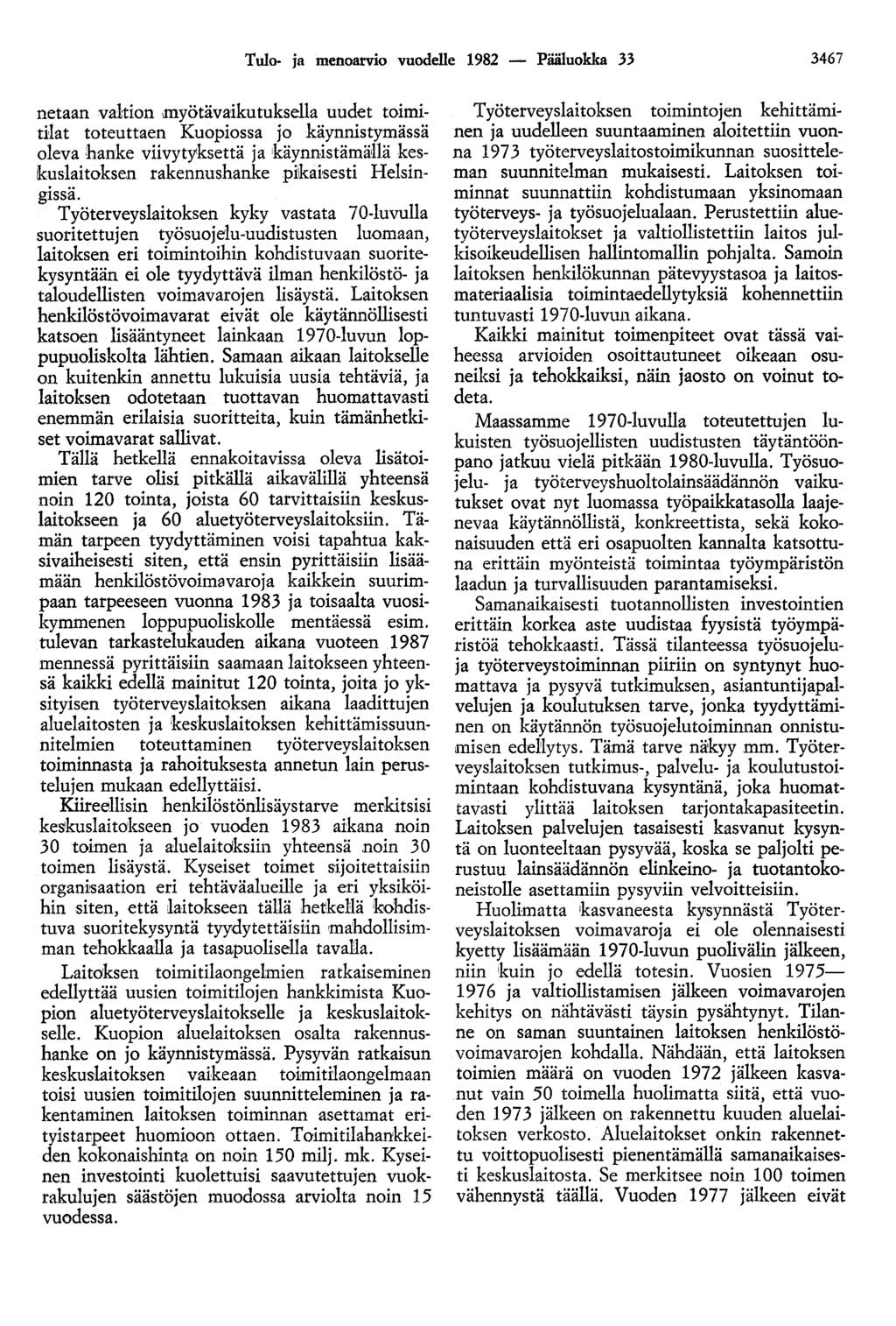 Tulo- ja menoarvio vuodelle 1982 - Pääluokka 33 3467 netaan valtion myötävaikutuksella uudet toimitilat toteuttaen Kuopiossa jo käynnistymässä oleva hanke viivytyksettä ja käynnistämäuä
