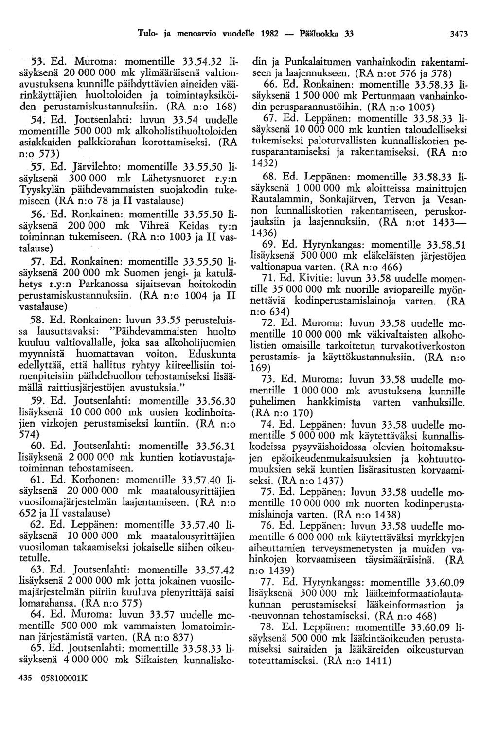 Tulo- ja menoarvio vuodelle 1982 - Pääluokka 33 3473 53. Ed. Muroma: momentille 33.54.