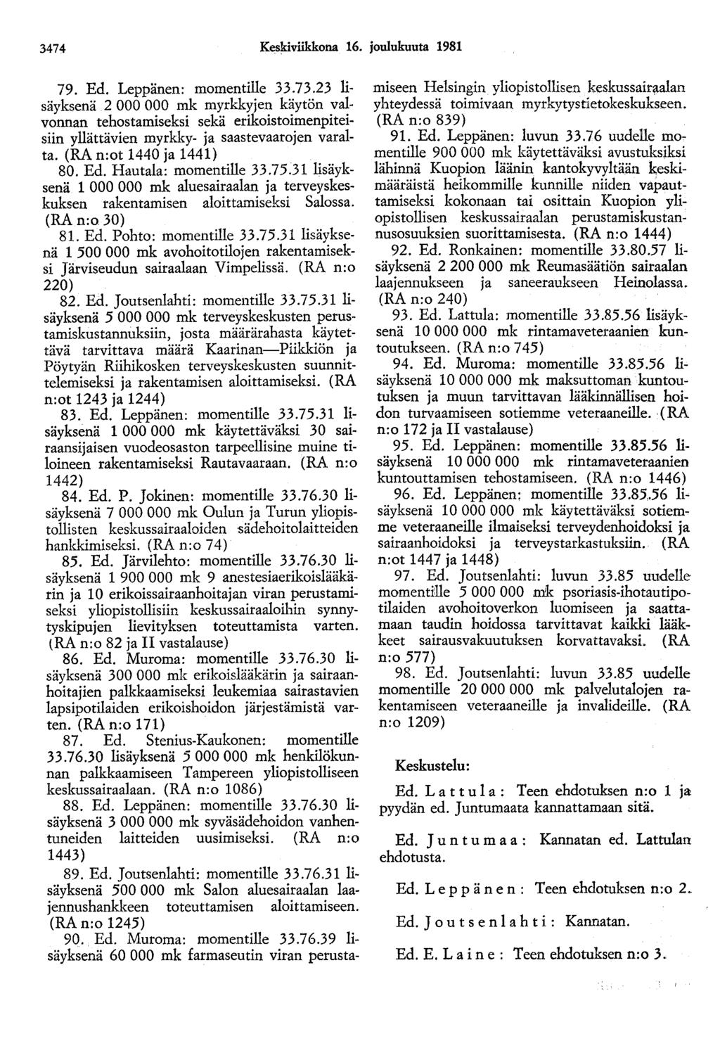 3474 Keskiviikkona 16. joulukuuta 1981 79. Ed. Leppänen: momentille 33.73.