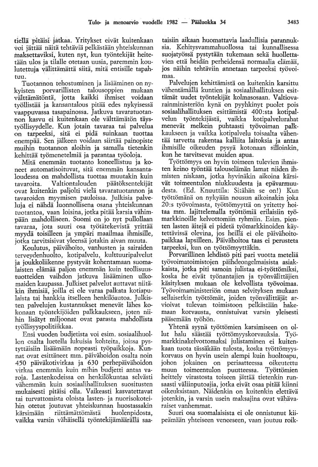 Tulo- ja menoarvio vuodelle 1982 - Pääluokka 34 3483 tiellä pitäisi jatkaa.