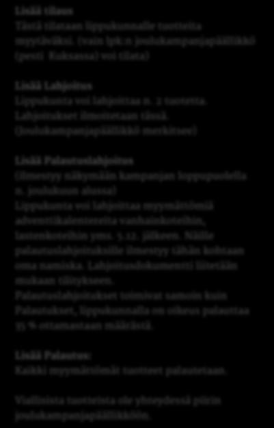 joulukuun alussa) Lippukunta voi lahjoittaa myymättömiä adventtikalentereita vanhainkoteihin, lastenkoteihin yms. 5.12. jälkeen.